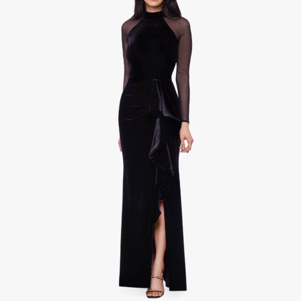 Betsy & Adam ‎ - Valentina Long Velvet Mesh Illusion Sleeve Dress